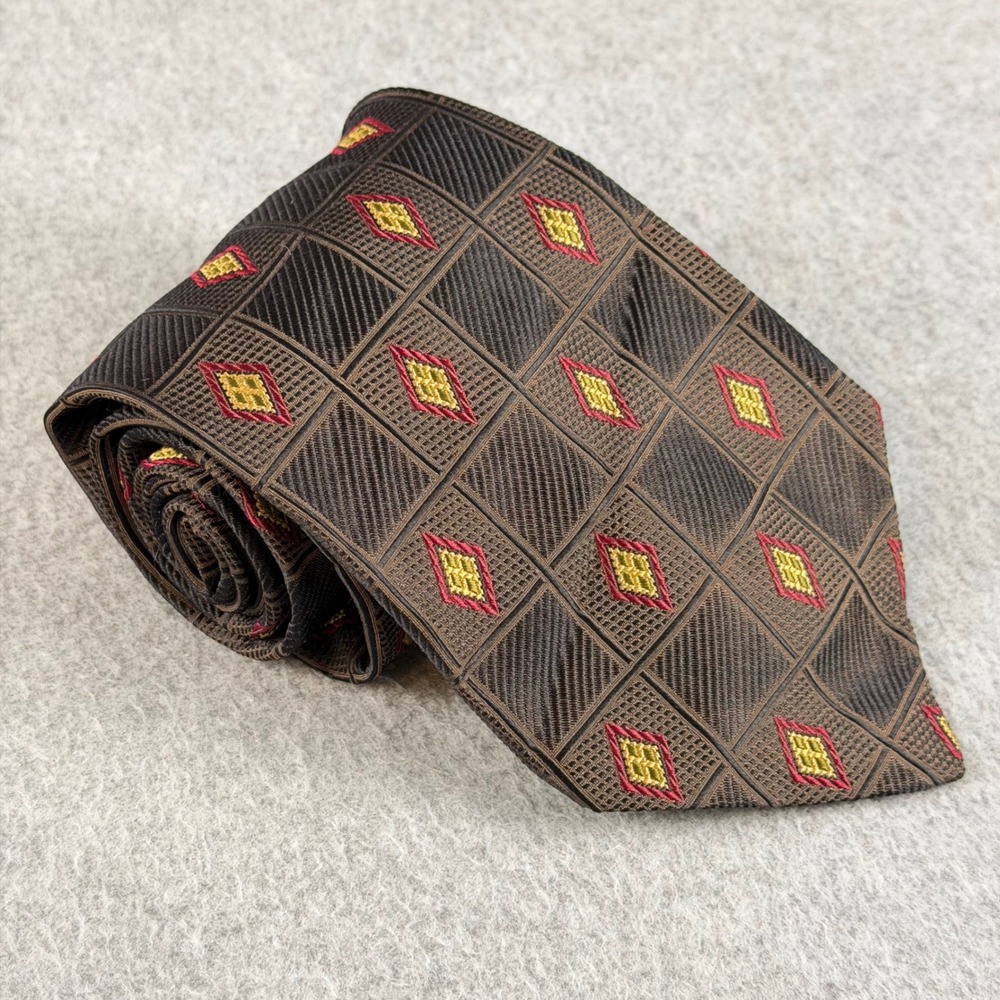 VTG Robert Talbott Mens Silk Tie Brown Gold Diamond Geometric 80s Hand Sewn 57x4